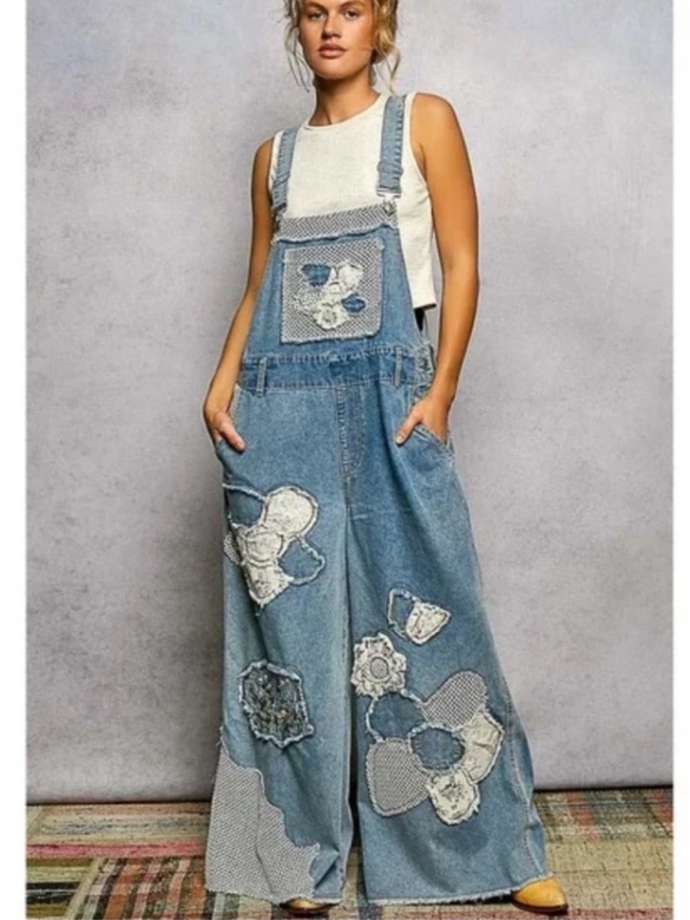 New: POL Mixed Flower Patchwork Lightweight Wide Leg Denim Overalls• Small